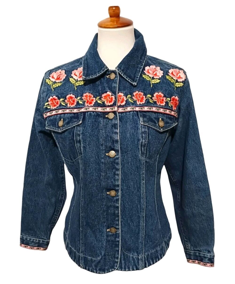 Vintage 90's Denim Jean Jacket Bill Blass Women's Small Floral Embroidered Y2K